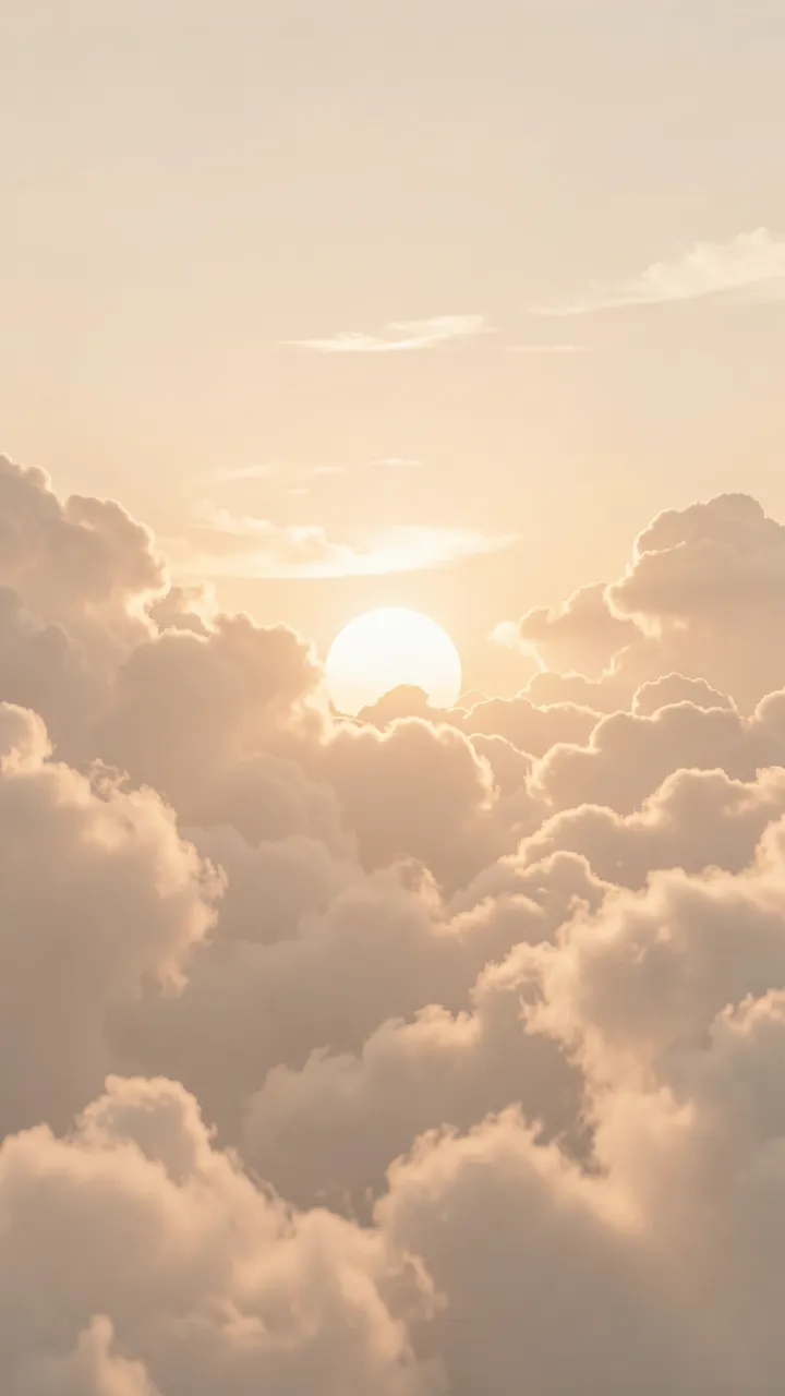 Pale sun peeks through fluffy beige cloud layers in a dreamy vertical dawn sky