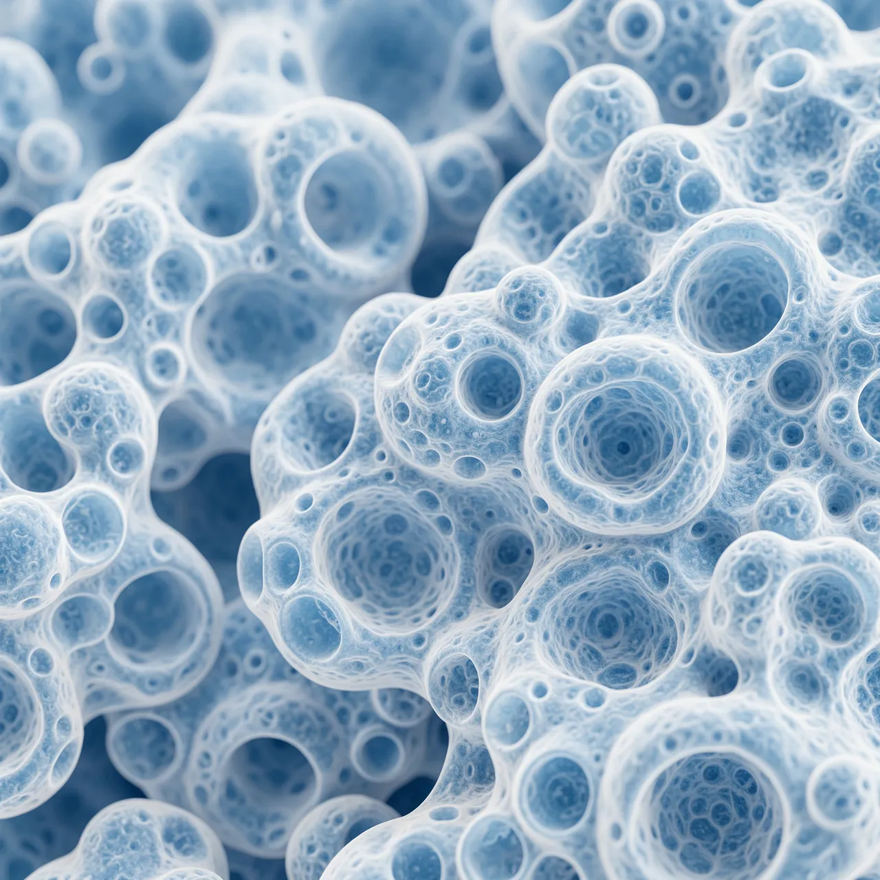 Close-up of porous soft blue and white bubble-like organic cell formations resembling sea foam