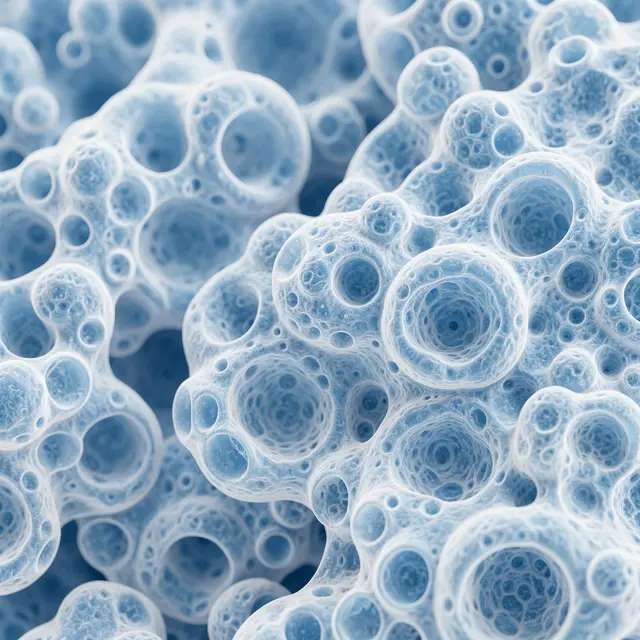 Close-up of porous soft blue and white bubble-like organic cell formations resembling sea foam