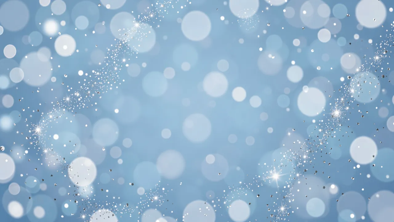 A soft light blue bokeh background with scattered silver sparkles and clear central copy space