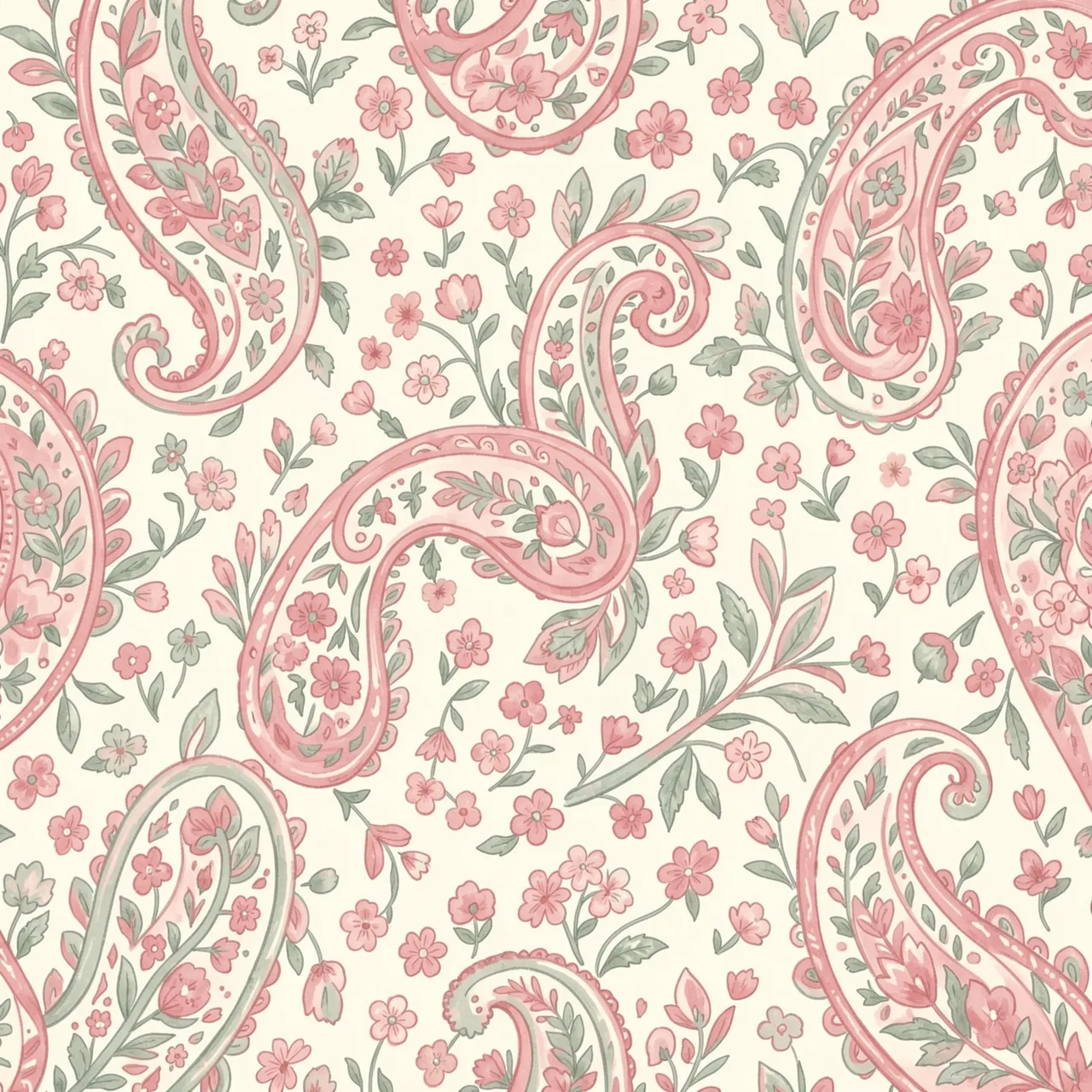 Seamless hand-painted paisley and tiny flower print in pink sage on ivory background