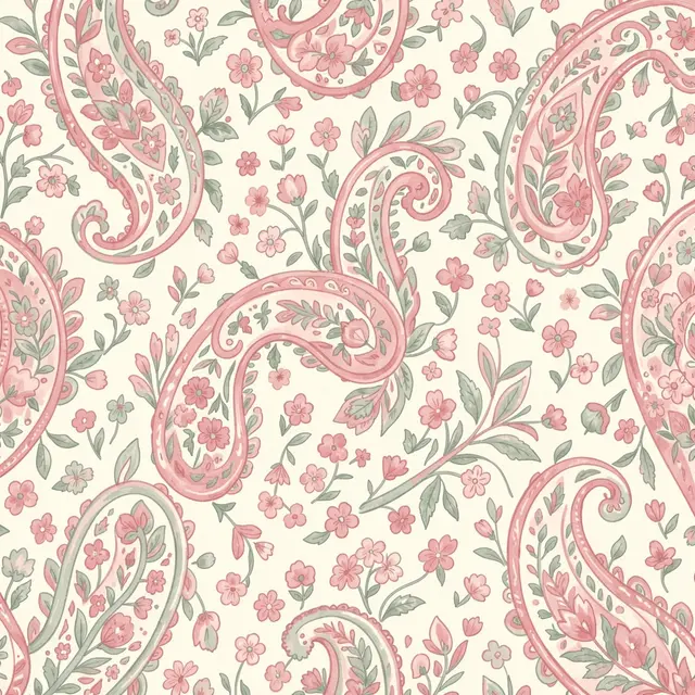 Seamless hand-painted paisley and tiny flower print in pink sage on ivory background