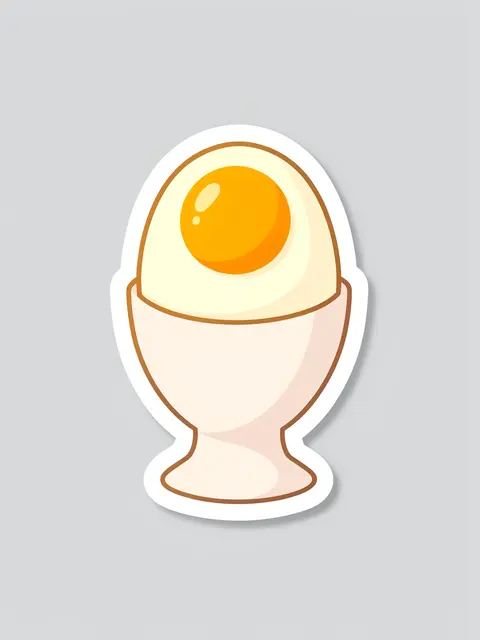 A die cut sticker of a soft boiled egg in an egg cup displayed on a plain light gray background