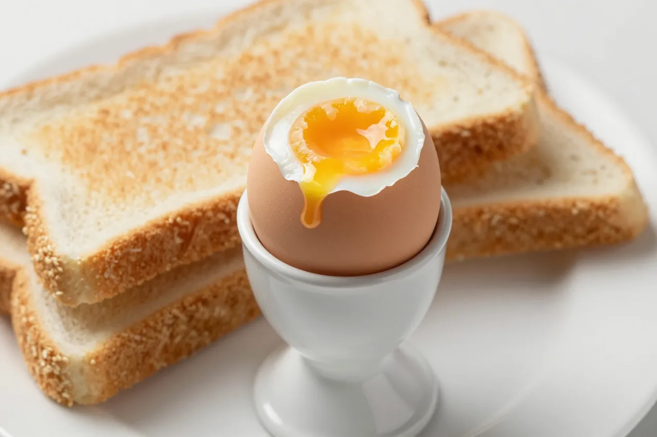 A soft-boiled egg in a white egg cup sits next to stacked toasted bread slices on a white plate