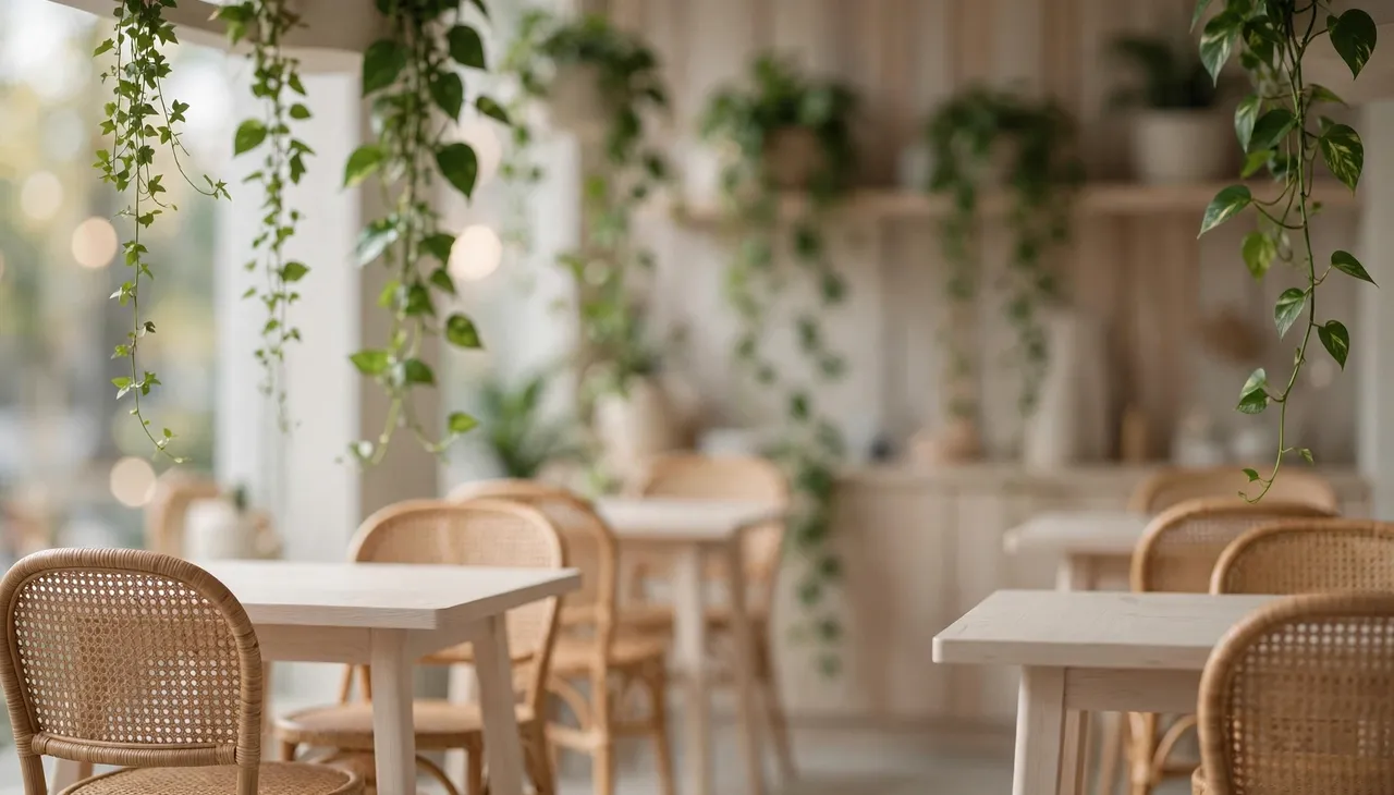 Blurred bright coffee shop interior with pale wood tables, rattan chairs and trailing houseplants