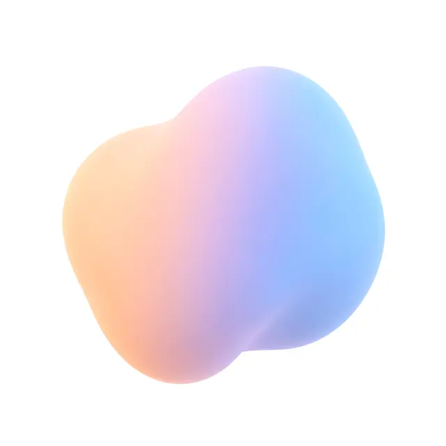 A smooth 3D amorphous gradient blob transitioning from peach to lilac to sky blue on a plain white background