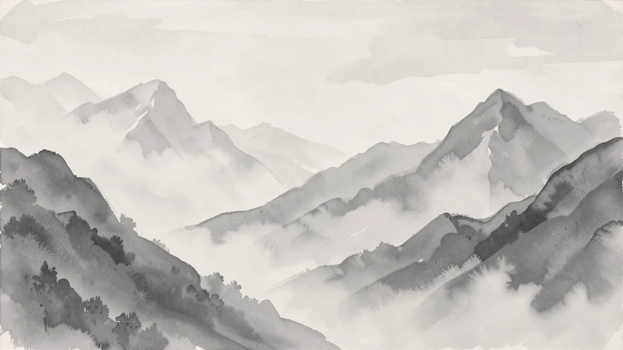 Monochrome watercolor painting of layered mountain ranges rising through wispy mist