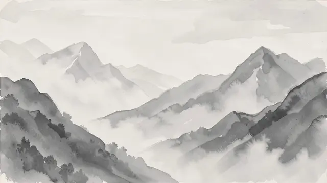 Monochrome watercolor painting of layered mountain ranges rising through wispy mist