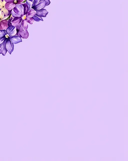 A soft pale lilac background with watercolor violet flowers clustered in the top left corner and empty copy space.