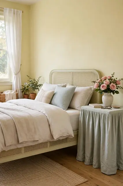 Cozy sunlit guest bedroom with a cane bed, skirted side table and pink rose bouquet on pale yellow walls