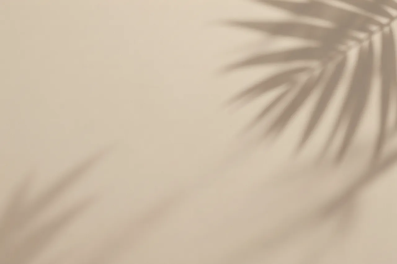 Diffused soft shadows of palm fronds fall across a smooth matte beige wall