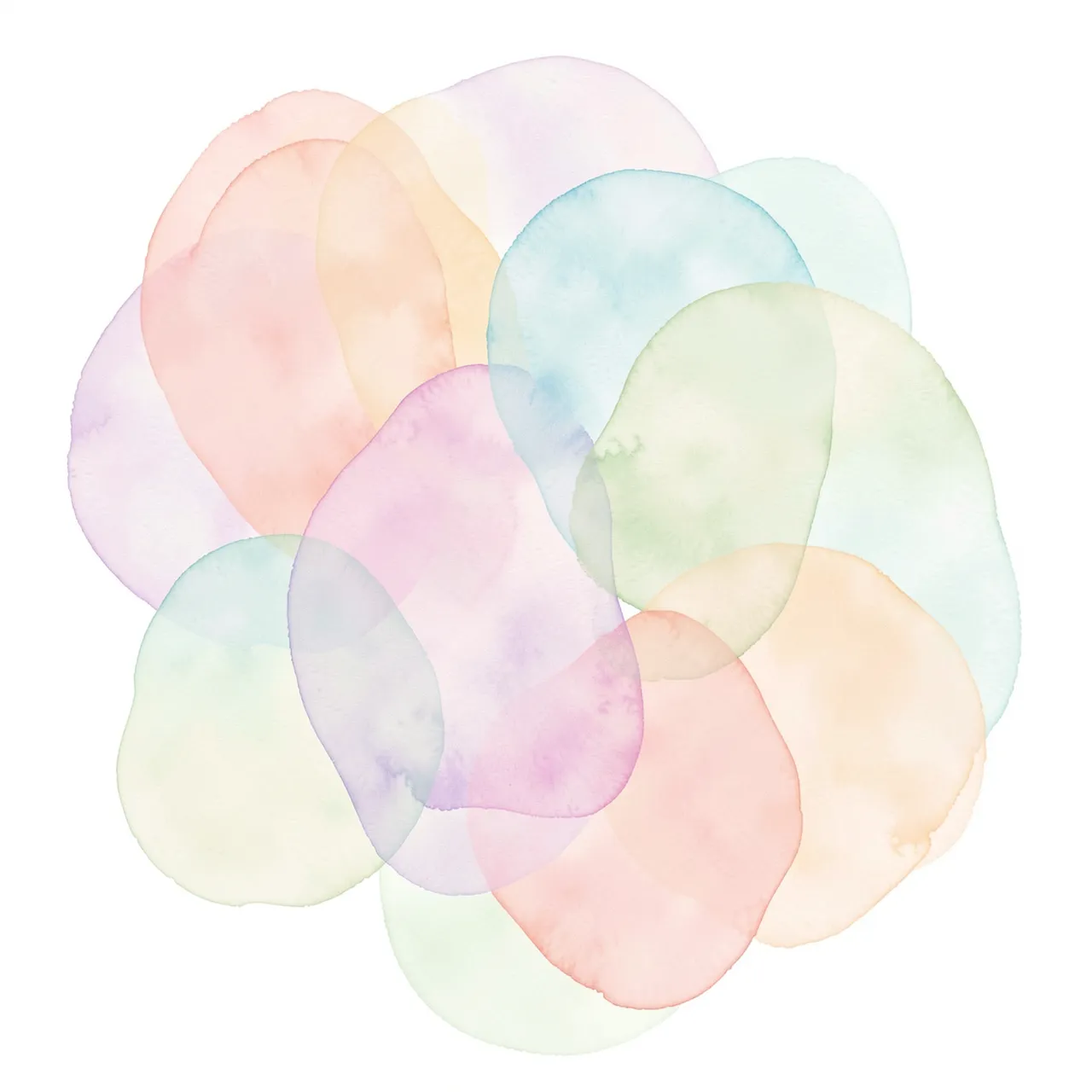 Overlapping translucent pastel watercolor blobs arranged on a plain white background