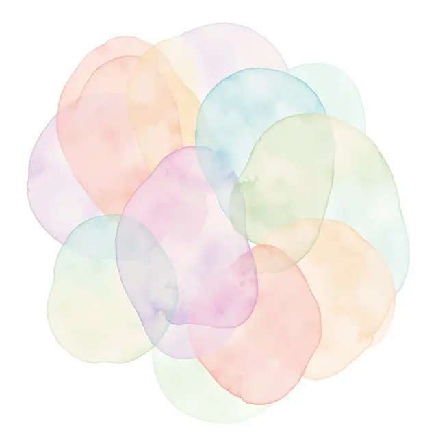 Overlapping translucent pastel watercolor blobs arranged on a plain white background