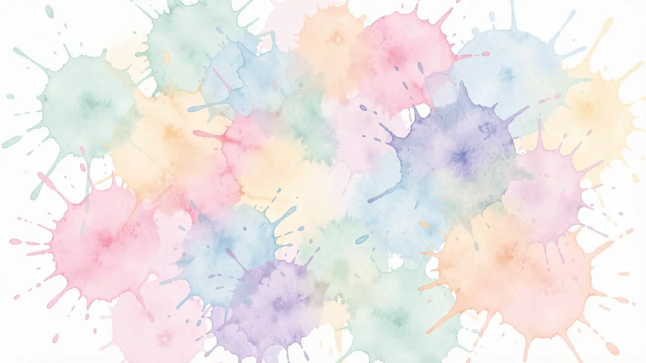 Overlapping soft pastel watercolor paint splatters rest on a plain white background
