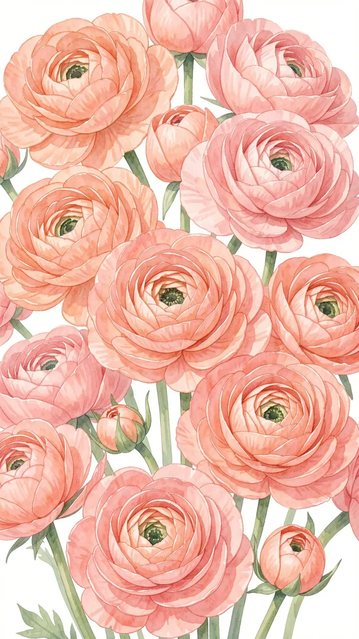 Vertical soft watercolor illustration filled with peach-pink ranunculus blooms and green stems on a pale background