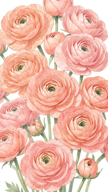 Vertical soft watercolor illustration filled with peach-pink ranunculus blooms and green stems on a pale background