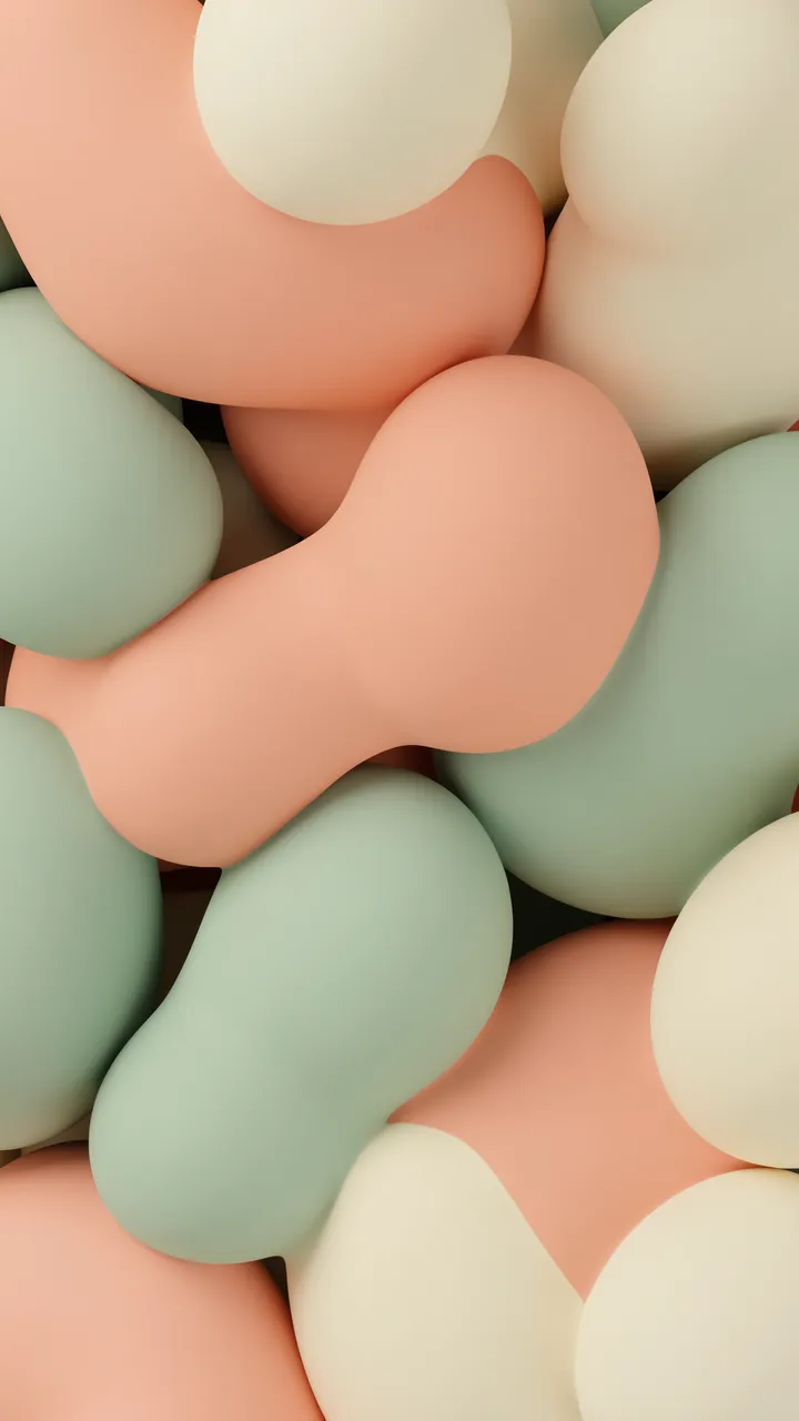 Vertical arrangement of stacked soft matte 3D blobs in peach, sage green and cream tones