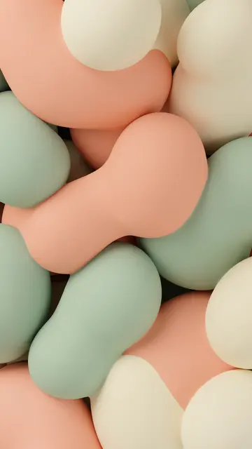 Vertical arrangement of stacked soft matte 3D blobs in peach, sage green and cream tones
