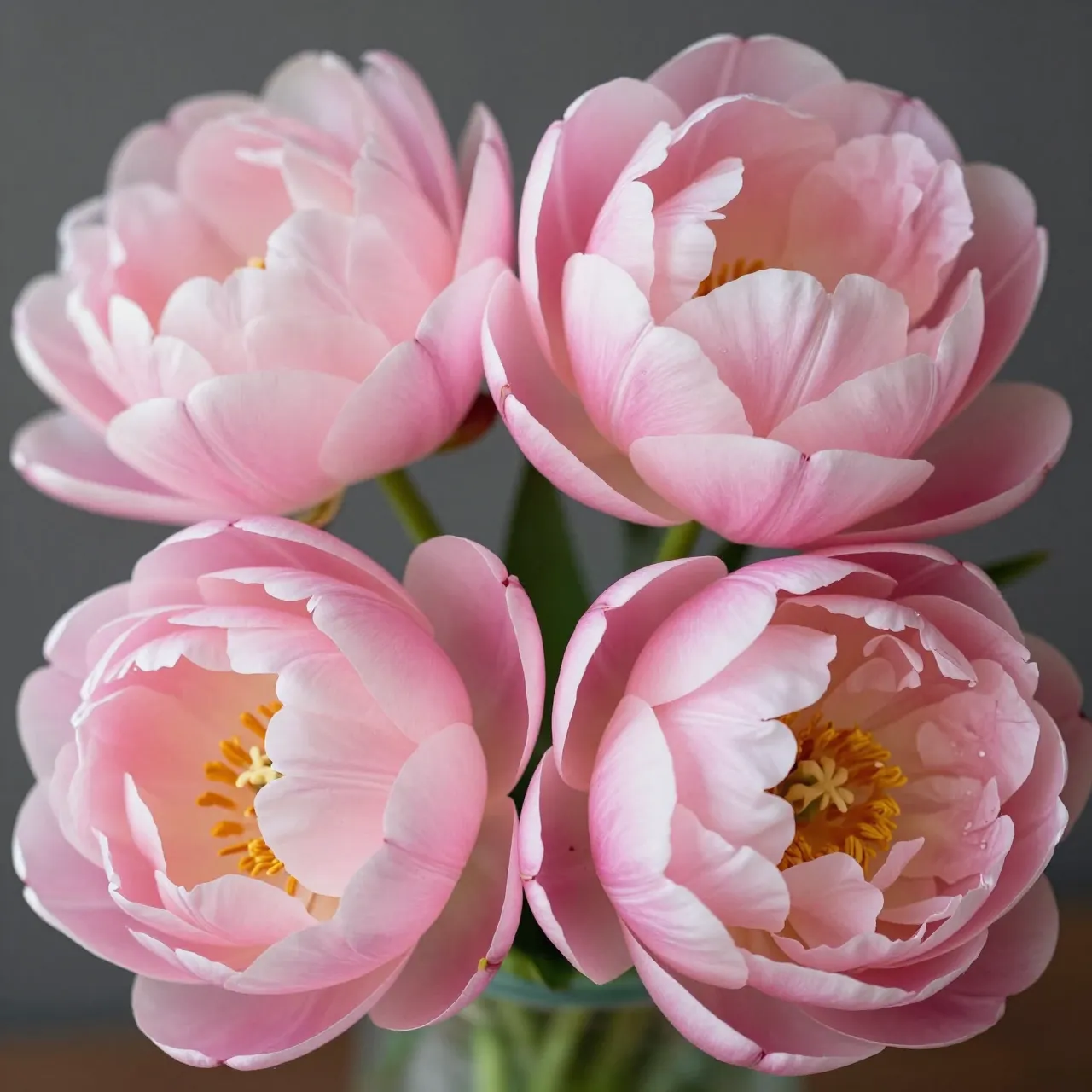 Four fully open soft pink double peony tulips arranged against a muted gray background