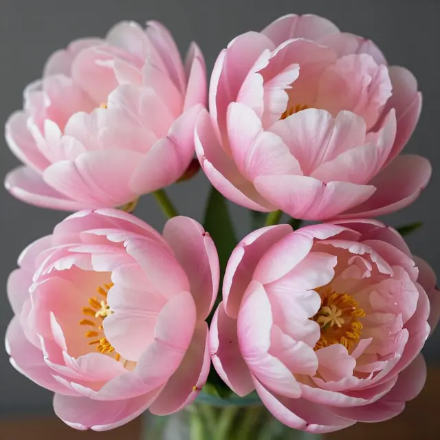 Four fully open soft pink double peony tulips arranged against a muted gray background