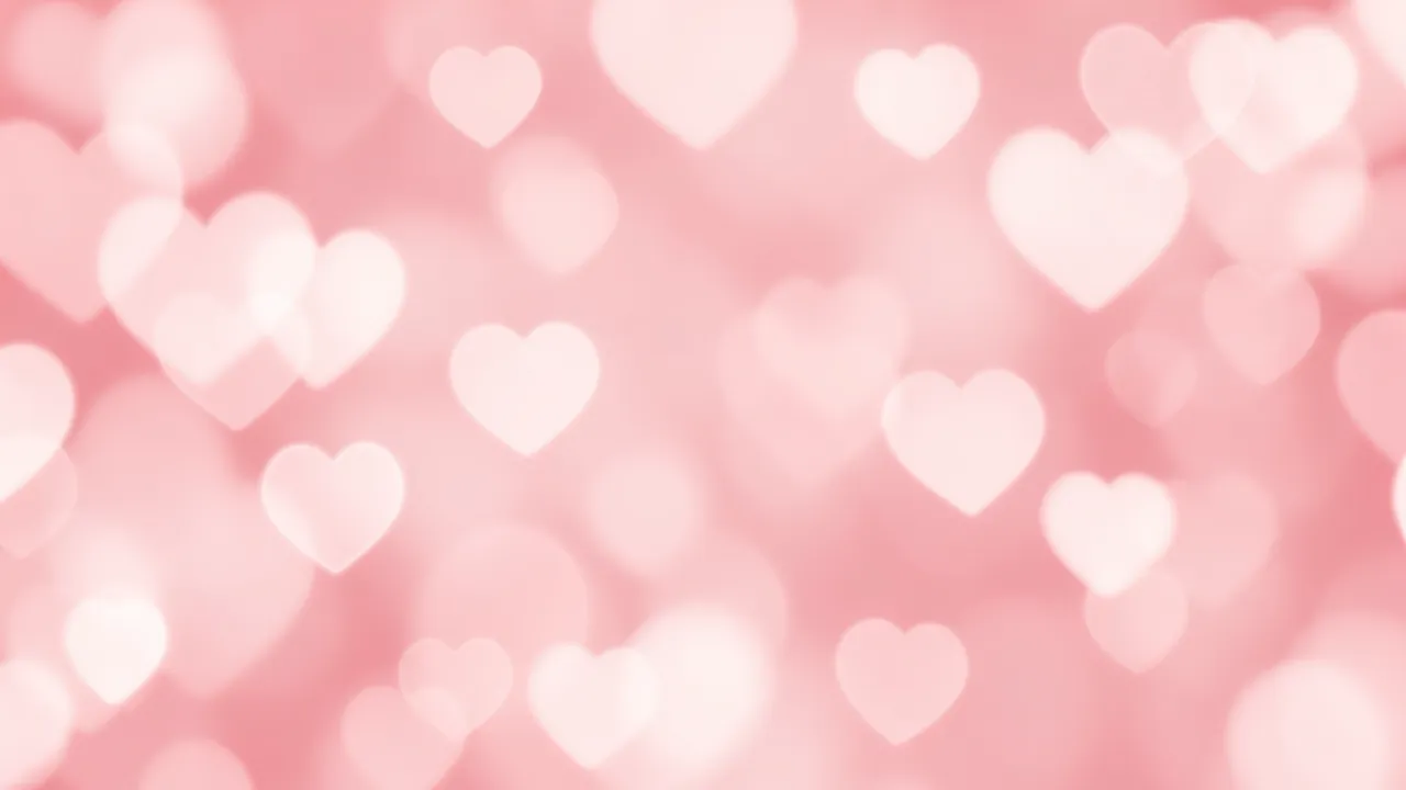 Delicate heart-shaped bokeh lights float across a smooth pale pink background