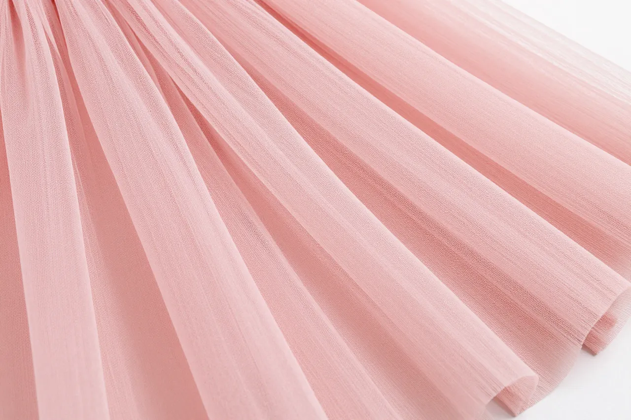 Close-up view of layered, flowing soft pink tulle fabric arranged in gentle diagonal folds