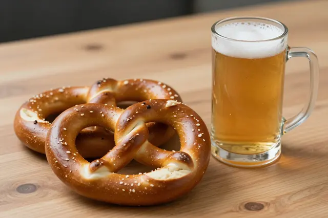 Two salted soft pretzels next to a glass mug of foamy beer on a wooden table