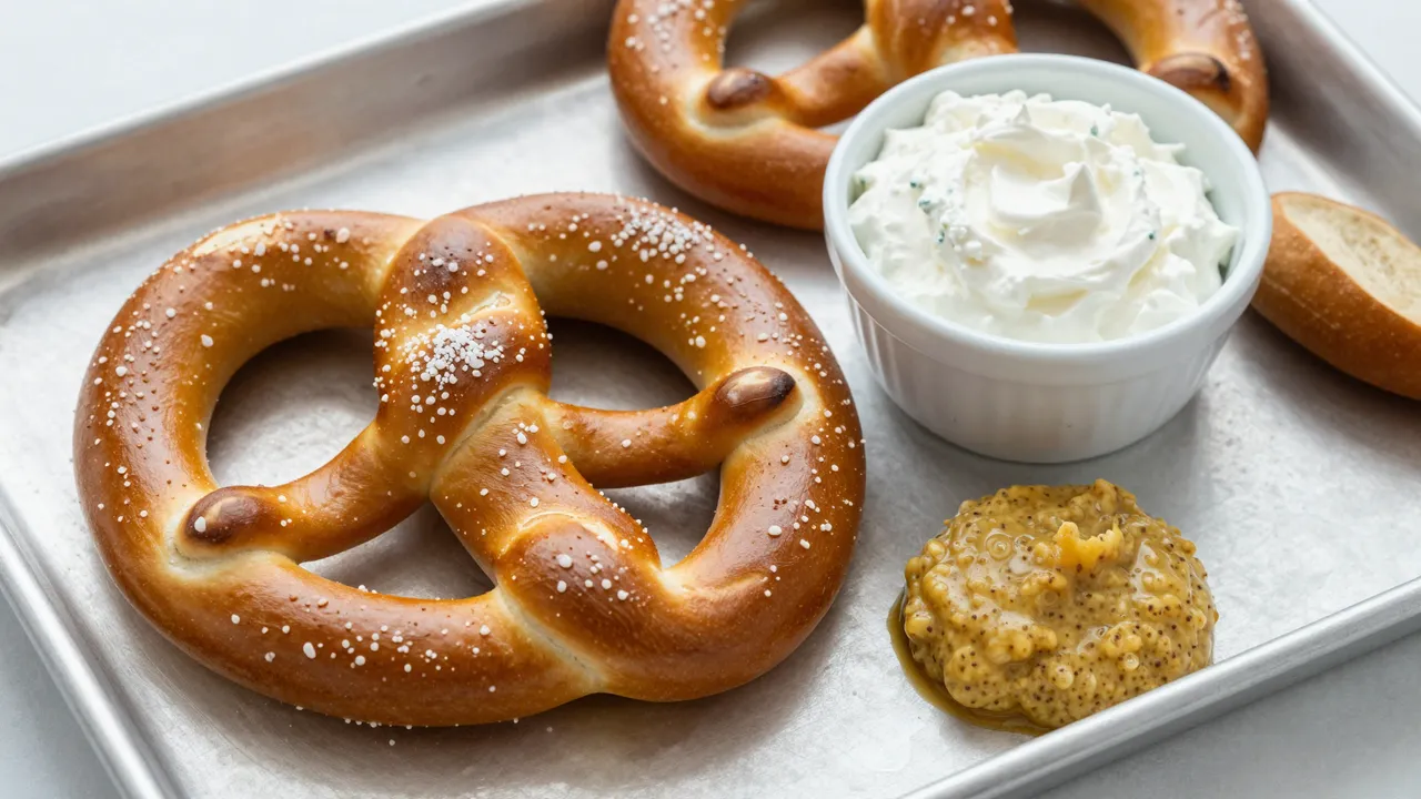 Salted soft pretzels, grainy mustard, and creamy dip sit on a metal baking tray.