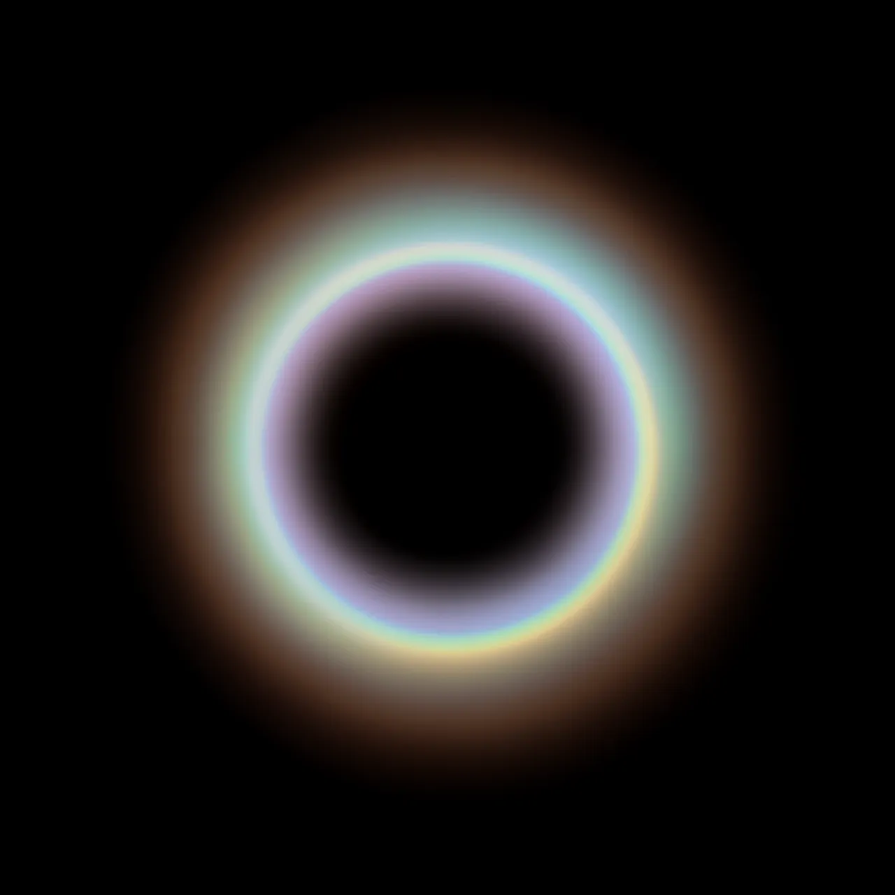 A smooth round halo lens flare with faint rainbow gradient sits centered on a pure black background