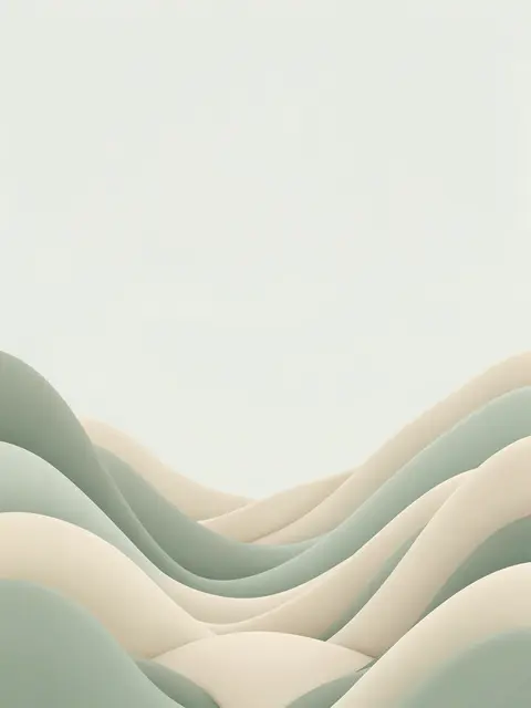 Smooth curving sage and cream organic layers rise from the bottom with empty pale space above