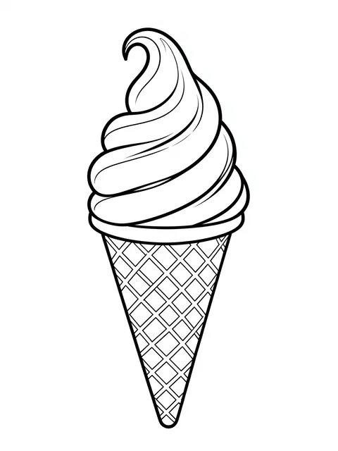 Clean black line art of a swirled soft serve ice cream in a waffle cone on a white background