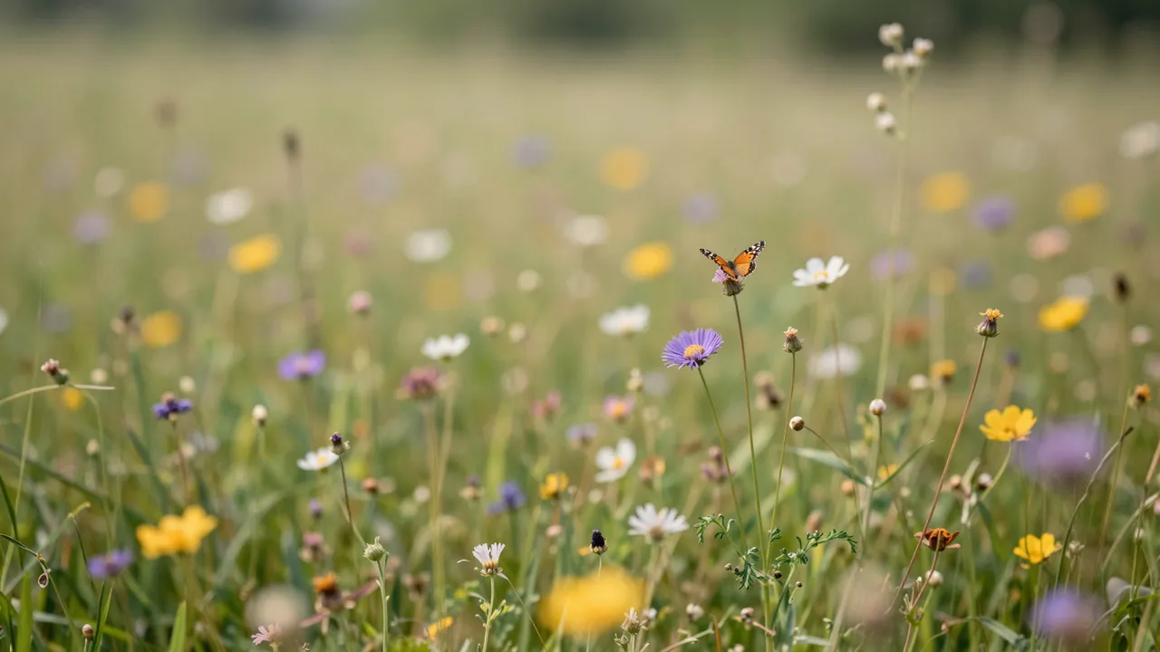 A small orange butterfly rests on a wildflower stem above a blurred sunlit meadow of mixed blooms