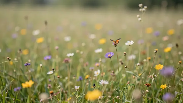 A small orange butterfly rests on a wildflower stem above a blurred sunlit meadow of mixed blooms