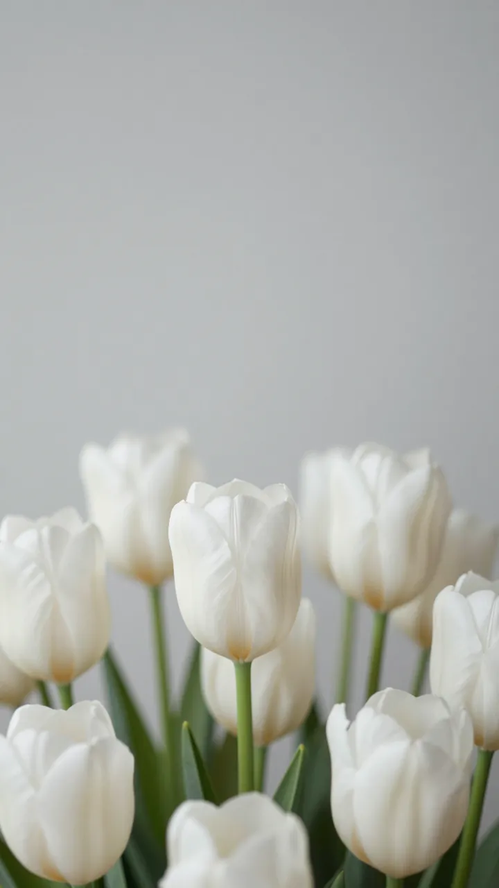 Soft focus white tulips arranged at the bottom of the frame above pale gray empty copy space