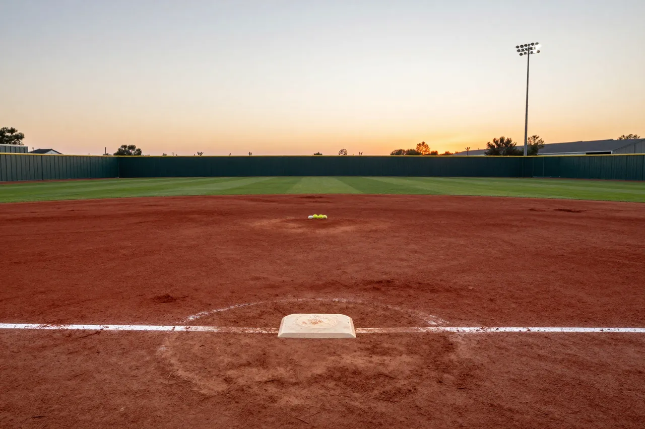 Empty softball field with red dirt infield viewed from home plate at golden sunset