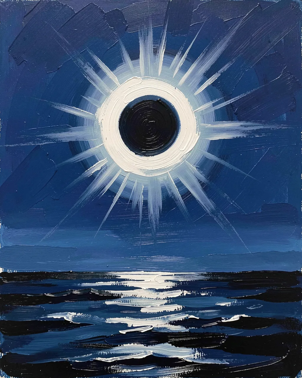 Thick impasto oil painting of a glowing total eclipse above a dark rippled sea under a deep blue sky