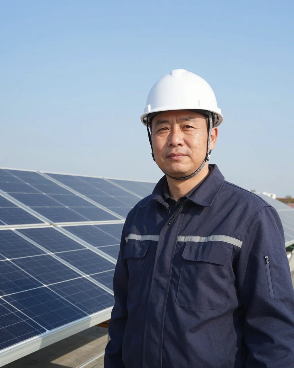Middle aged East Asian solar installer stands beside rooftop solar panels under a clear blue sky
