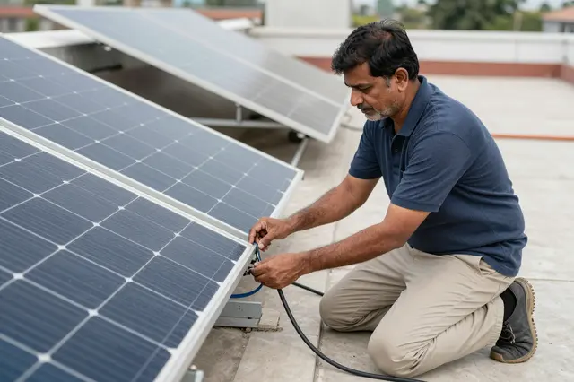 A South Asian man in his fifties kneels on a rooftop connecting cables to a solar panel.