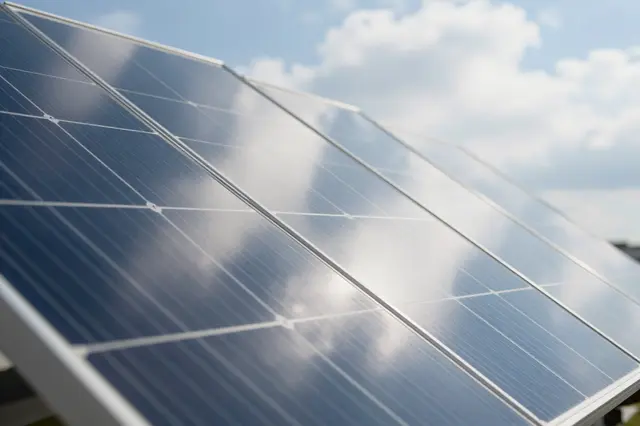 Close-up view of angled solar panels reflecting soft white clouds against a pale blue sky