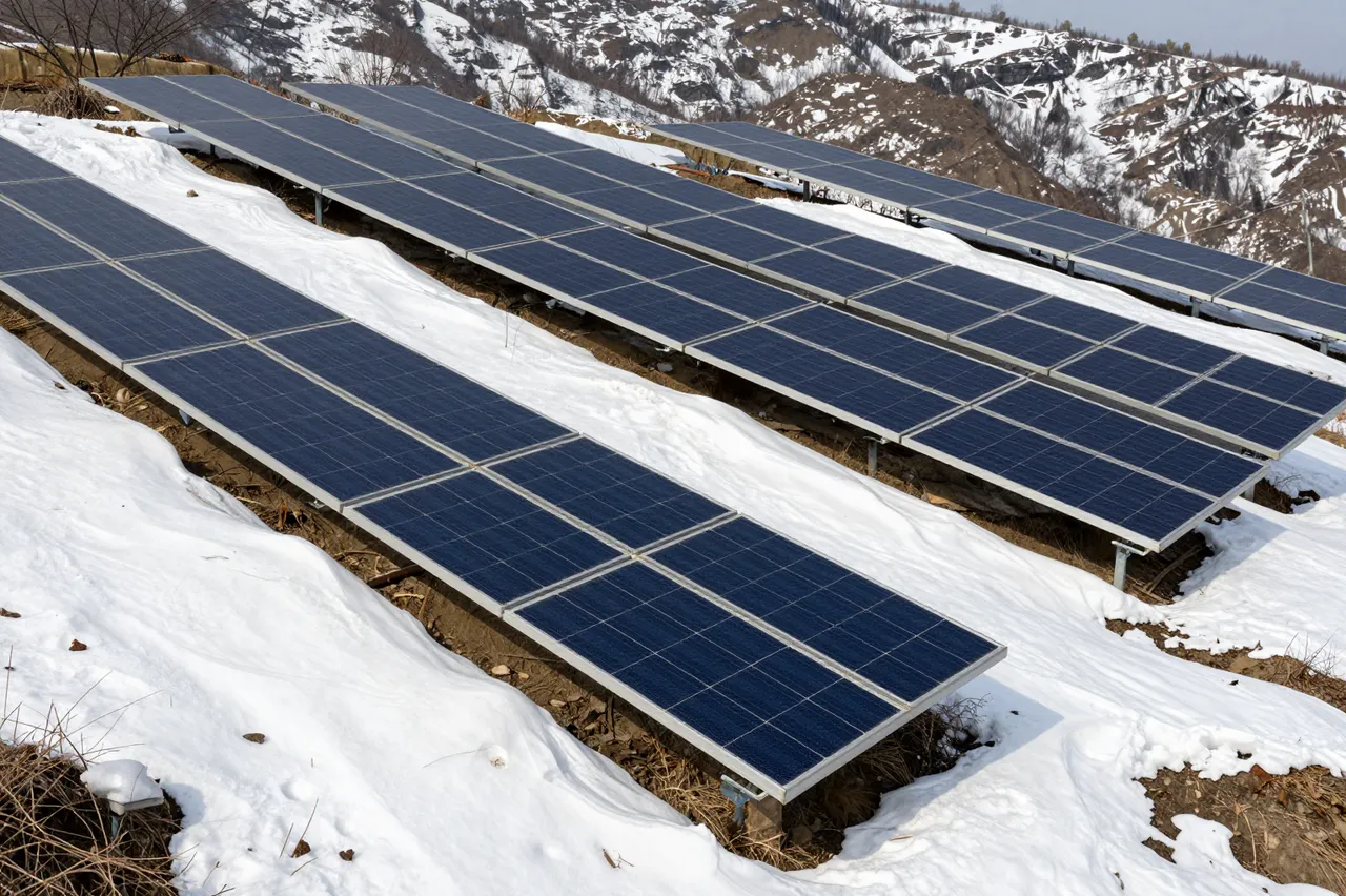 Rows of solar panels mounted on a snowy mountain slope with rocky snow-dusted peaks in the background
