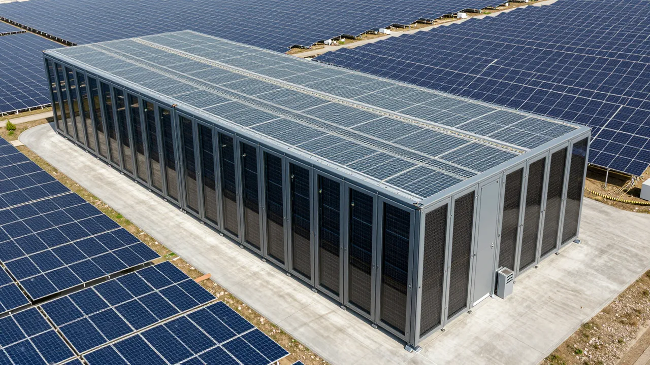 Aerial view of a modular data center building surrounded by rows of solar photovoltaic panels