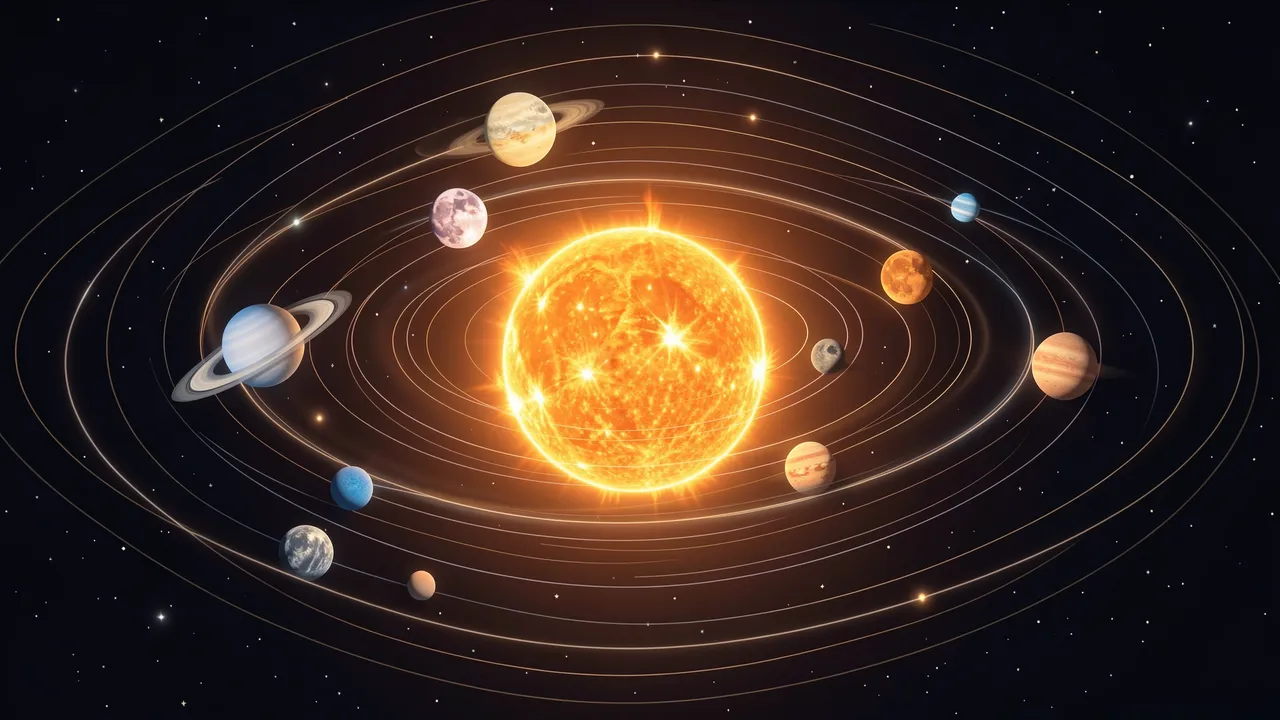 Glowing sun sits at the center with illustrated planets on orbital lines against a starry black space background