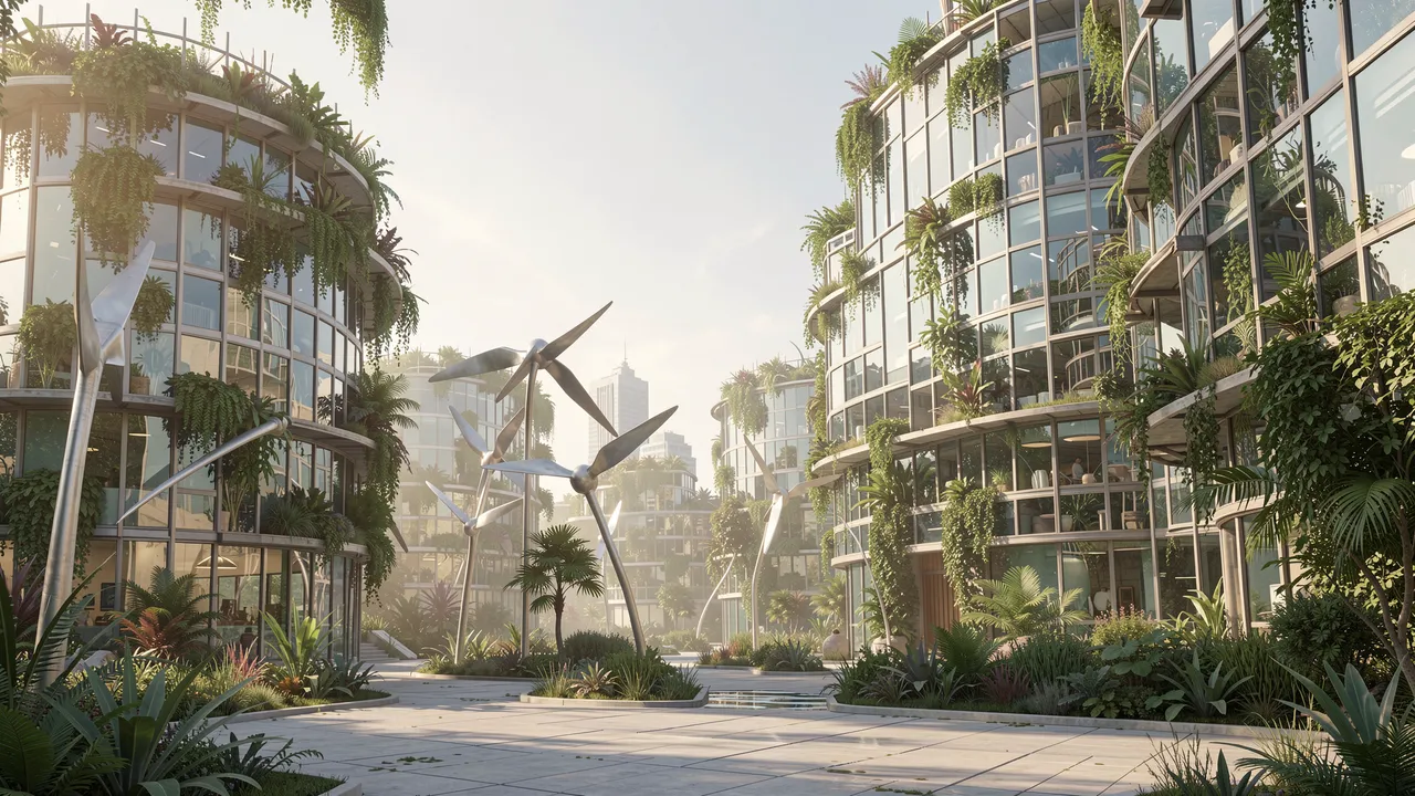 Lush plant-covered glass buildings line a paved solarpunk plaza in soft hazy morning light