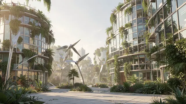 Lush plant-covered glass buildings line a paved solarpunk plaza in soft hazy morning light