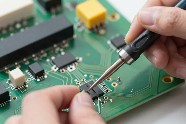 Close-up of two hands using a soldering tool on a green printed circuit board with electronic components.