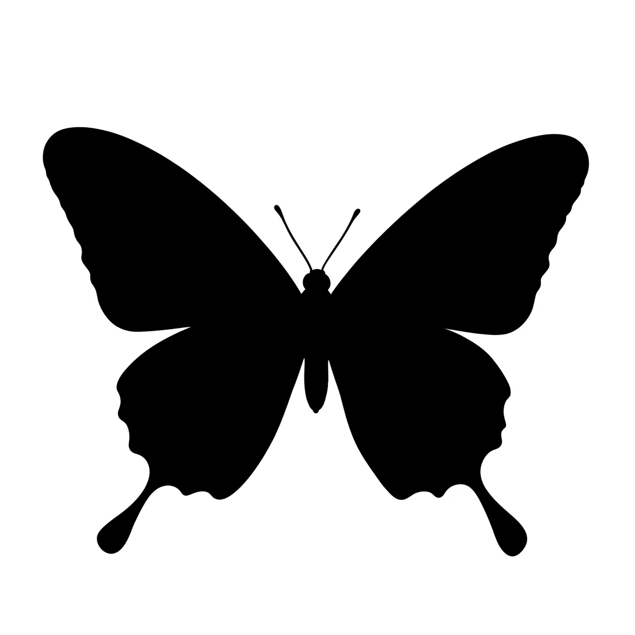 Symmetrical solid black butterfly silhouette with fully spread wings centered on a plain white background
