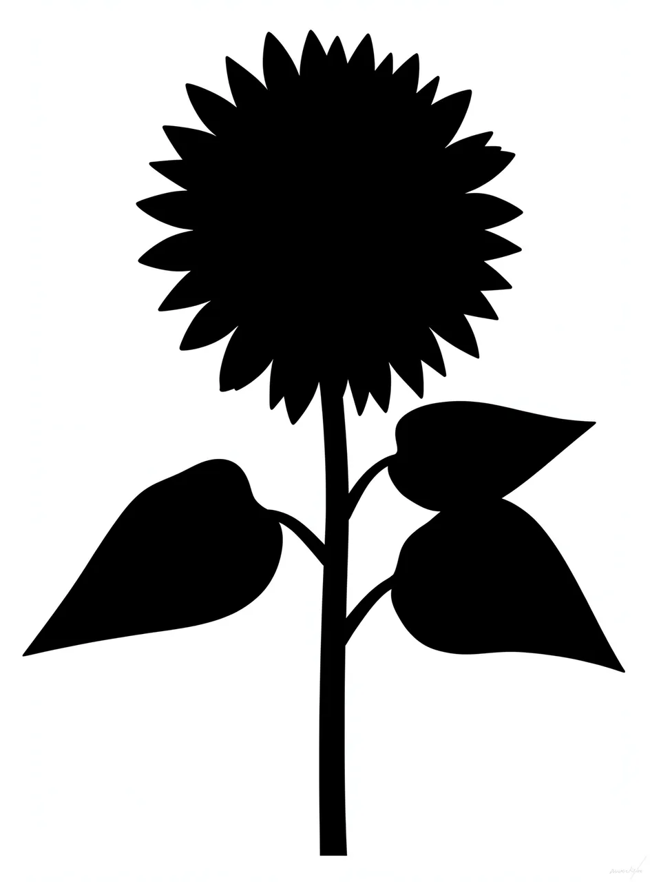 A solid black sunflower silhouette with a round head and broad leaves on a plain white background
