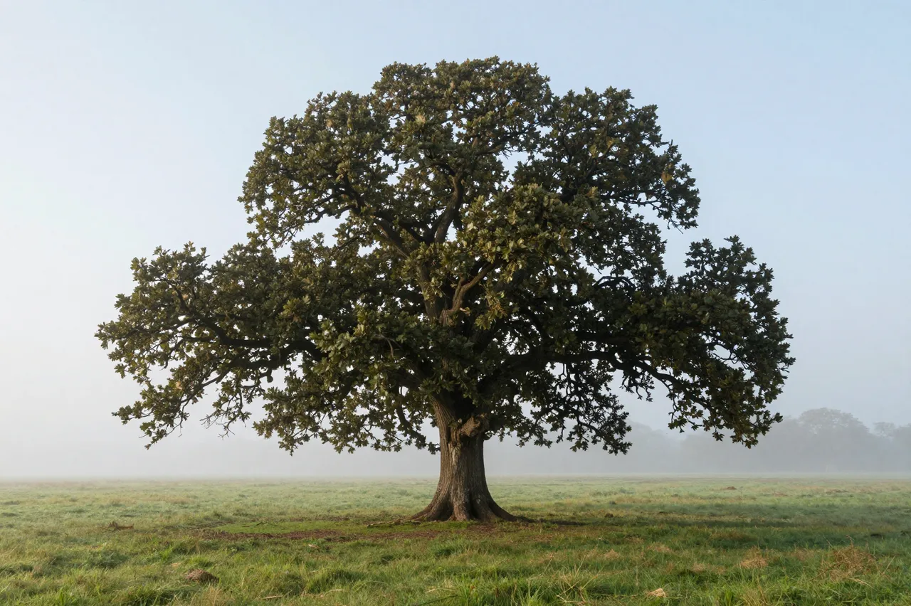 A large old oak tree stands alone in a grassy field under soft dawn fog.
