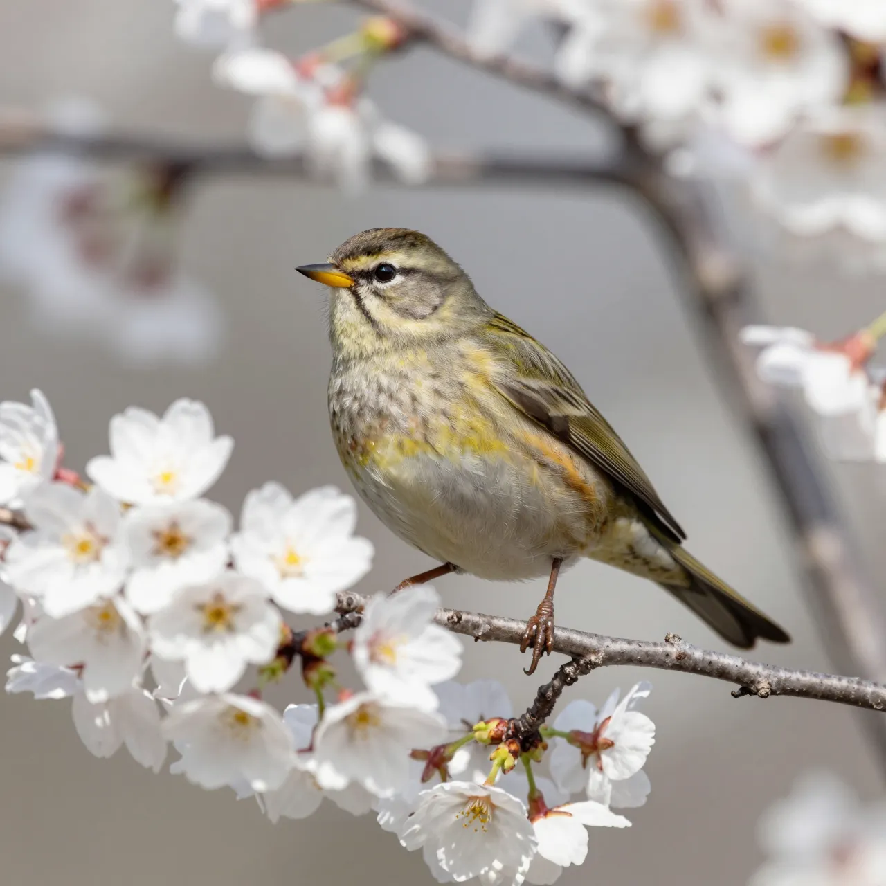 A small striped songbird perched on a blooming white cherry blossom branch in bright spring sunlight