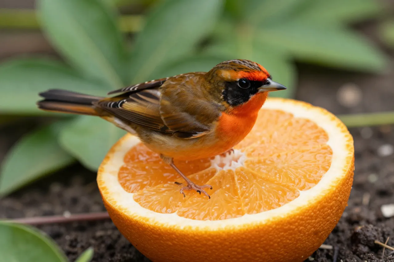 A small colorful songbird perches on top of a halved orange resting on garden soil